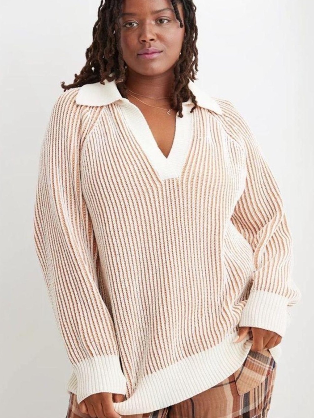 Aerie Cream Ribbed V-Neck Sweater with Contrast Collar